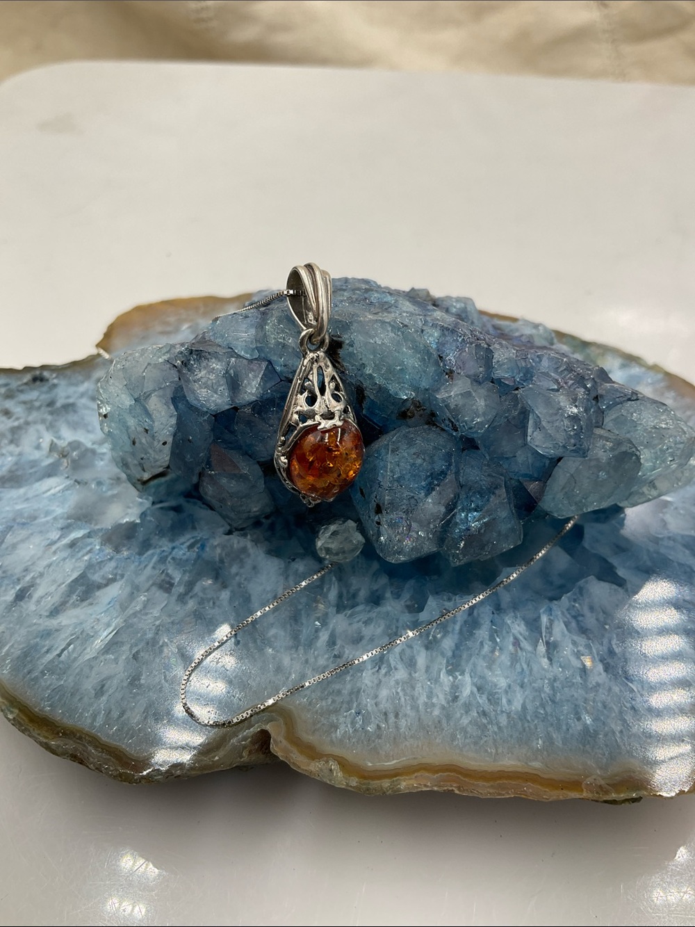 18” Italian Sterling Silver Necklace With Amber Teardrop Pendant - Picture 8 of 9